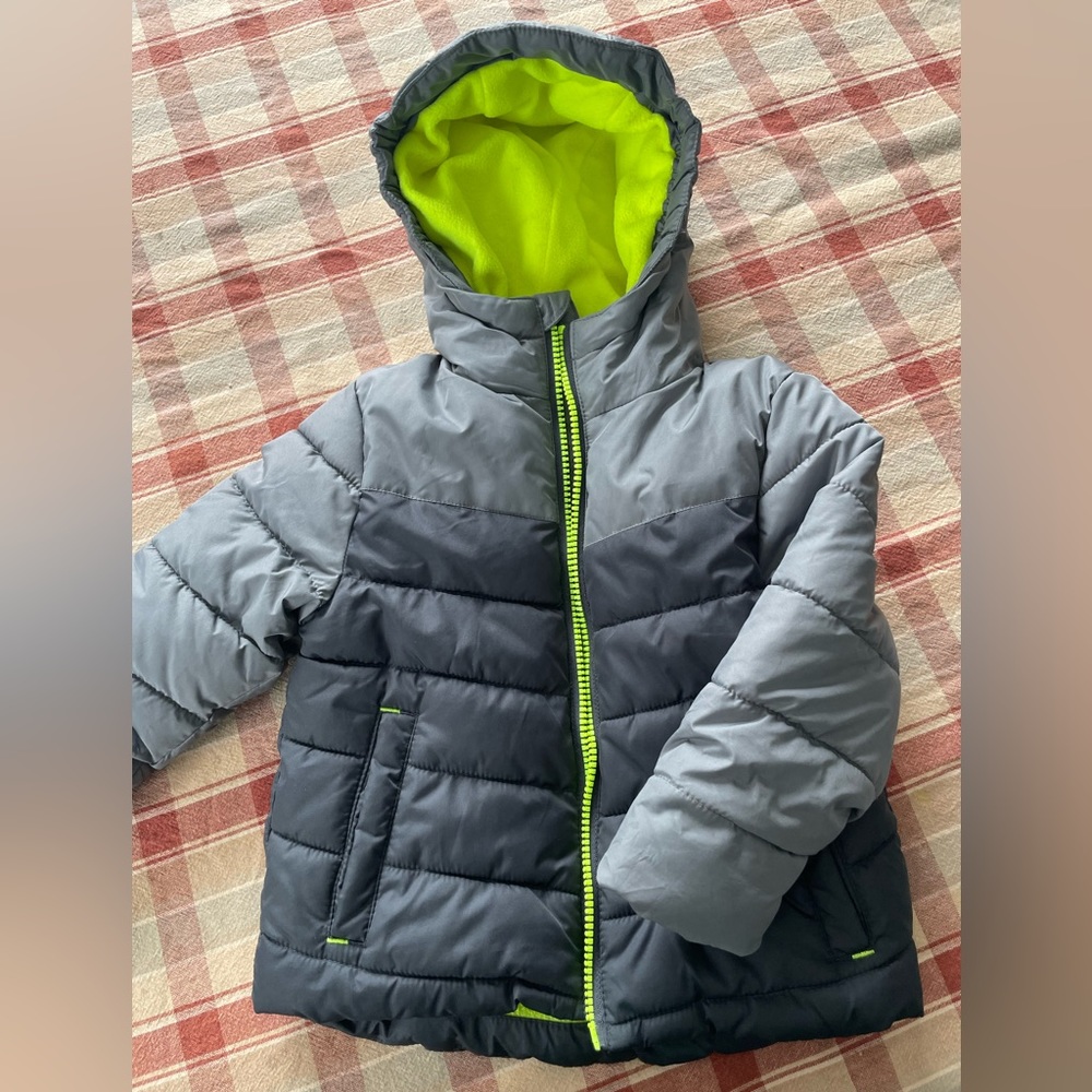 Lime green and grey kids winter coat. No tears or stains.